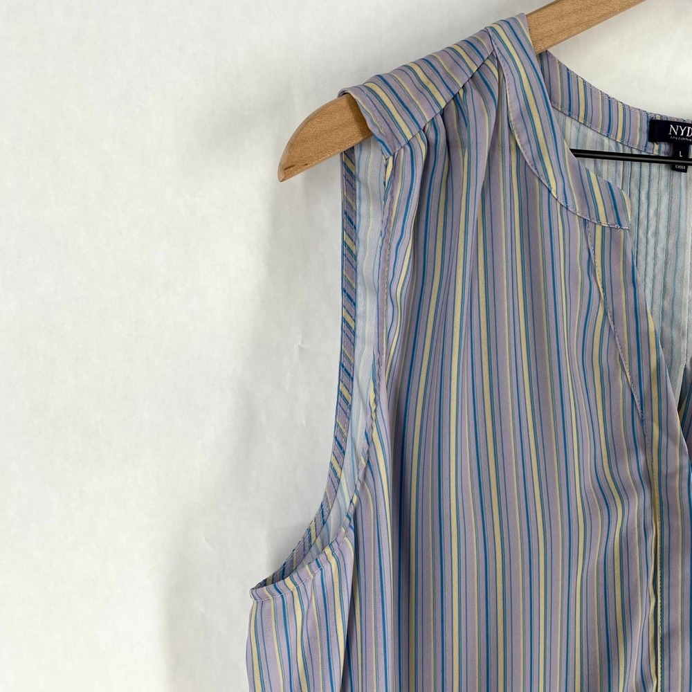 NYDJ Pintuck Blouse Womens Large Multicolor Stripes Split Neck‎ Concealed Button - Picture 4 of 11